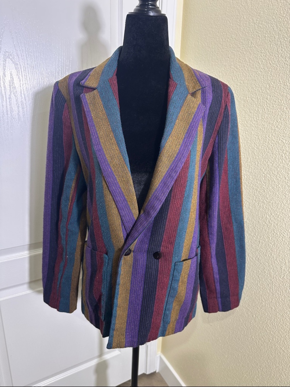 Tomboy Double-Breasted Colorful Striped Blazer in Purple, Teal & Mustard. 9